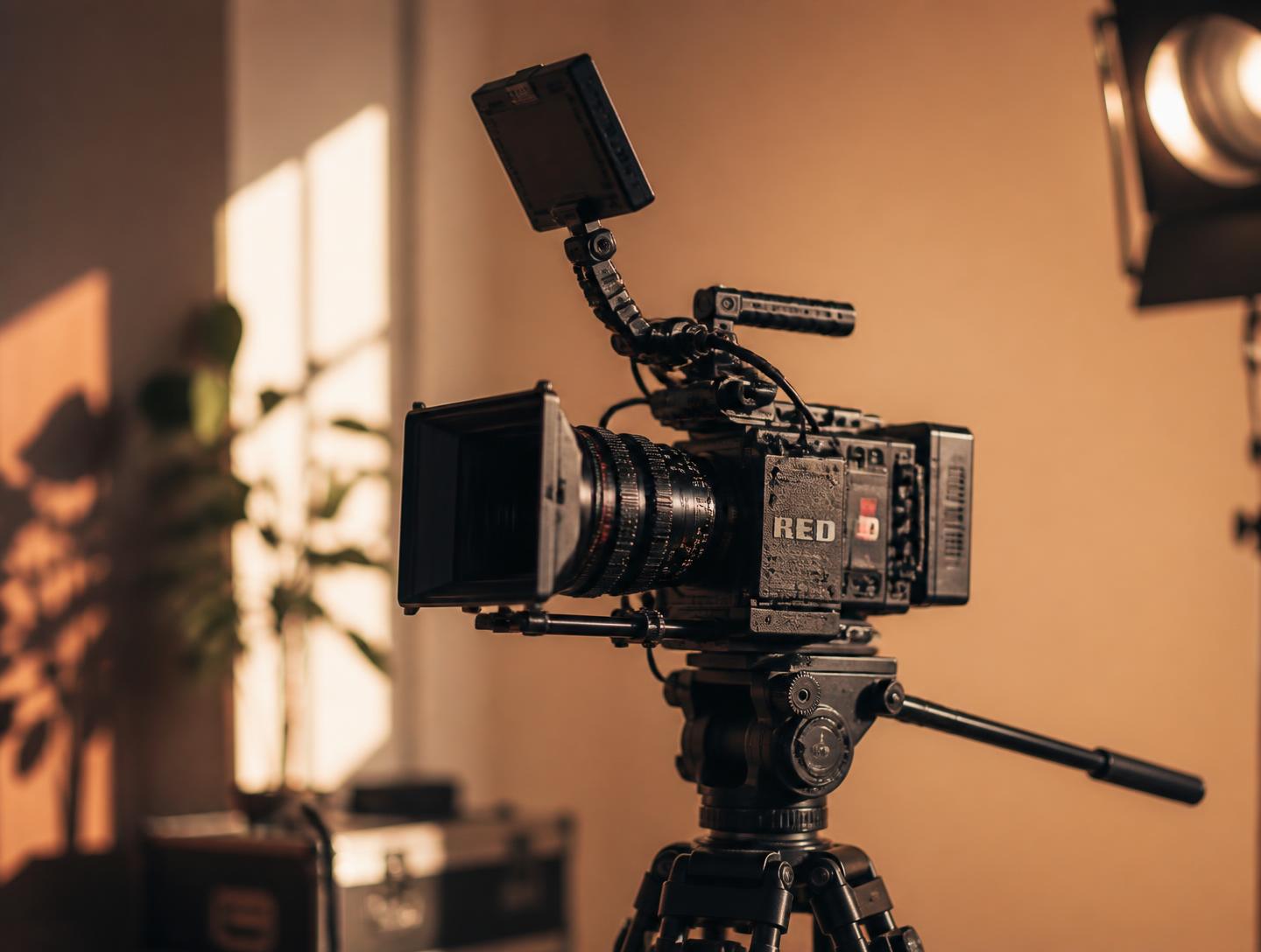 Cinema camera rig on a tripod in a sunlit studio